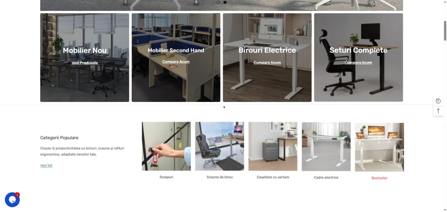Mobilier nou, Mobilier second hand, Birouri electrice, Seturi complete. Apoi categoriile populare: dulapuri, scaune, casetiere, cadre electrice.