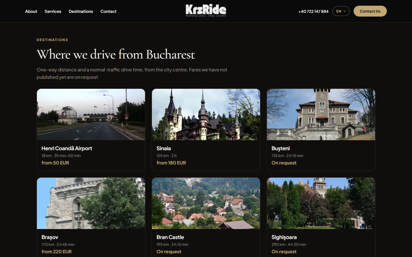 Pagina de destinații KRS Ride: aeroport, Sinaia, Bușteni, Brașov, Bran, Sighișoara, cu distanță, durată și preț