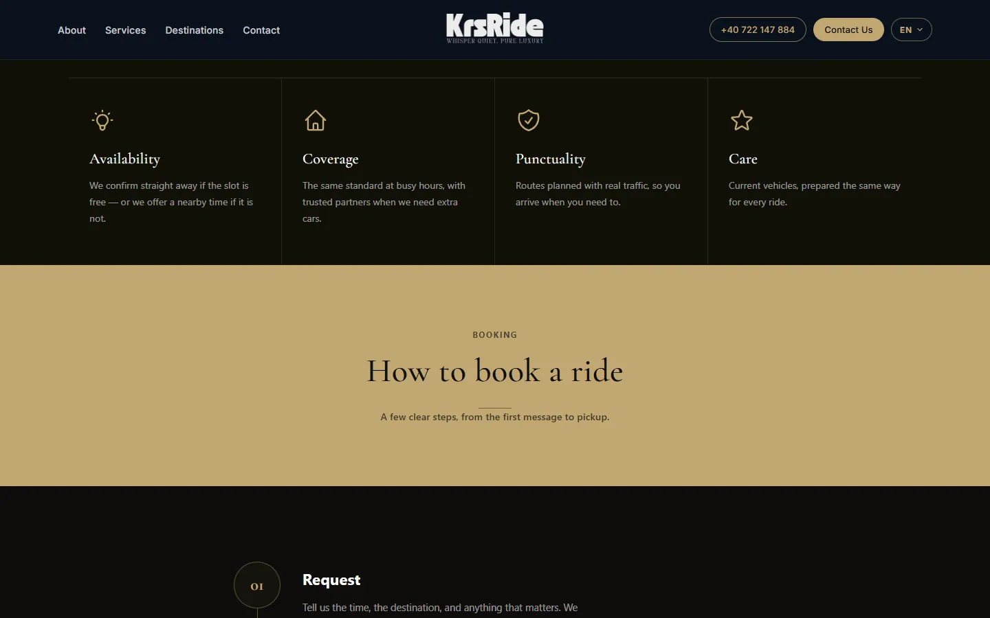 Secțiunile Availability, Coverage, Punctuality, Care și How to book a ride de pe KRS Ride