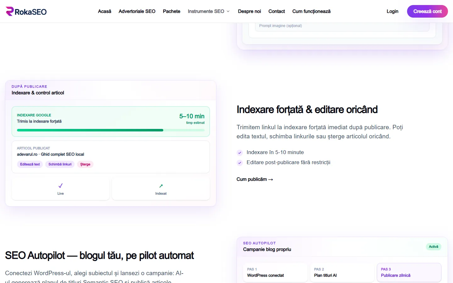 Ecranul de după publicare: indexare Google în 5–10 minute, editare text, schimbare linkuri