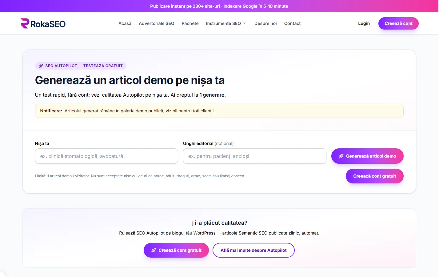 Pagina de demo RokaSEO unde vizitatorul generează un articol pe nișa lui fără cont