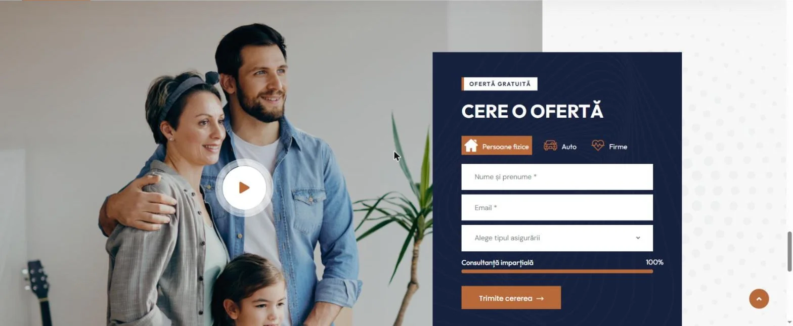 Formularul de cerere ofertă cu tab-uri pentru persoane fizice, auto și firme